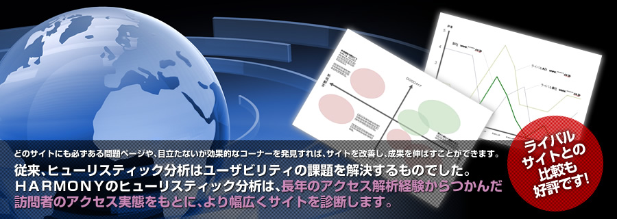 どのサイトにも必ずある問題ページや、目立たないが効果的なコーナーを発見すれば、サイトを改善し、成果を伸ばすことができます。従来、ヒューリスティック分析はユーザビリティの課題を解決するものでした。ＨＡＲＭＯＮＹのヒューリスティック分析は、長年のアクセス解析経験からつかんだ訪問者のアクセス実態をもとに、より幅広くサイトを診断します。ライバルサイトとの比較も好評です！